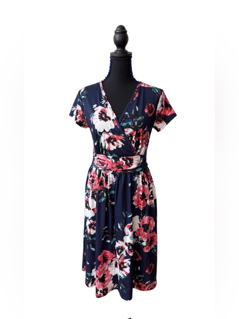 Ouges: Navy Blue and Pink Floral Dress with Pockets